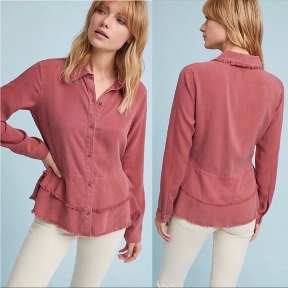 Cloth & Stone Anthropologie Red Tiered Frayed Hem Long Sleeve Button Down XL - Picture 1 of 9